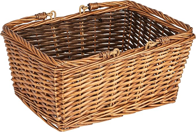 Household Essentials Woven Market Basket, Handwoven Willow Weave, Stylish Handles with Durable Metal Anchors, Classic and Versatile, Attractive, Spacious, Lightweight, Brown Stain