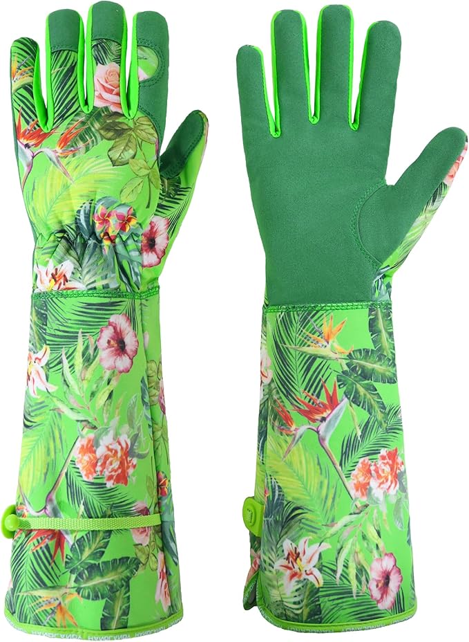 HANDLANDY Women Gardening Gloves, Scratch Resistant Breathable Ladies Rose Pruning Long Gauntlet Floral Print Garden Yard Gloves, Gift for Gardeners (Grass Green, S)