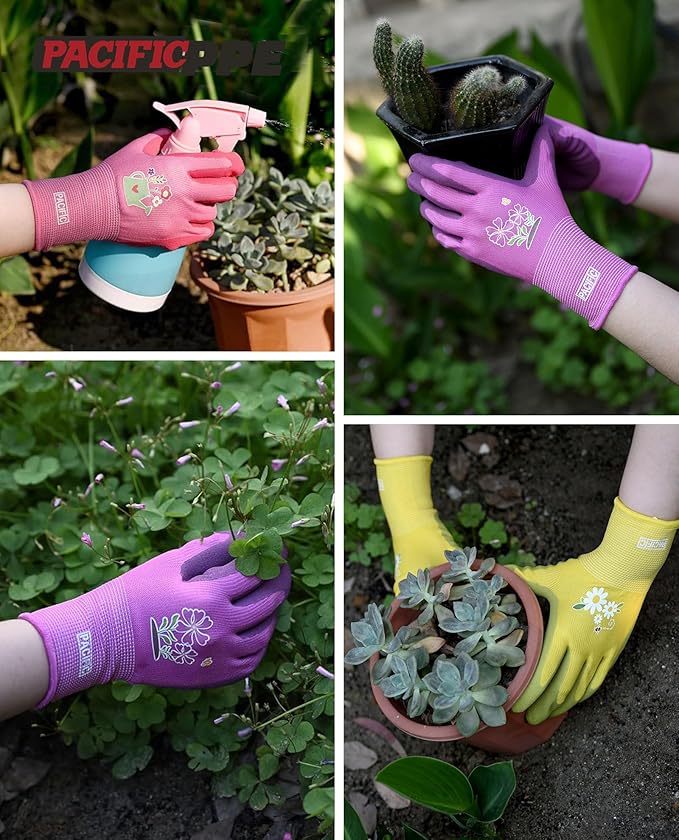 PACIFIC PPE 3 Pairs Gardening Gloves for women, Latex Coated Garden Gloves, Breathable, Medium Size fits Most, Rose Red
