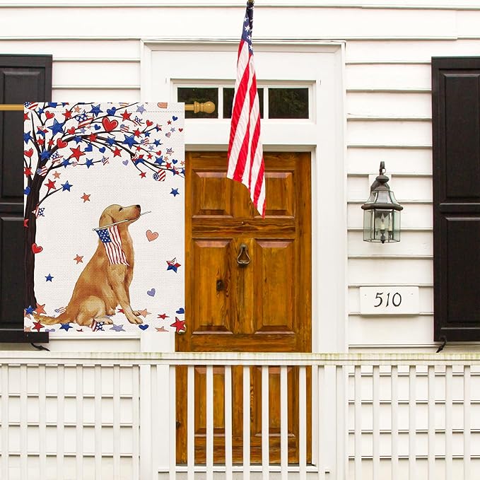 Louise Maelys 4th of July Garden Flag 28x40 Double Sided, Small Burlap Welcome Patriotic Golden Retriever Dog Yard House for Memorial Veterans Independence Day Outdoor Decor