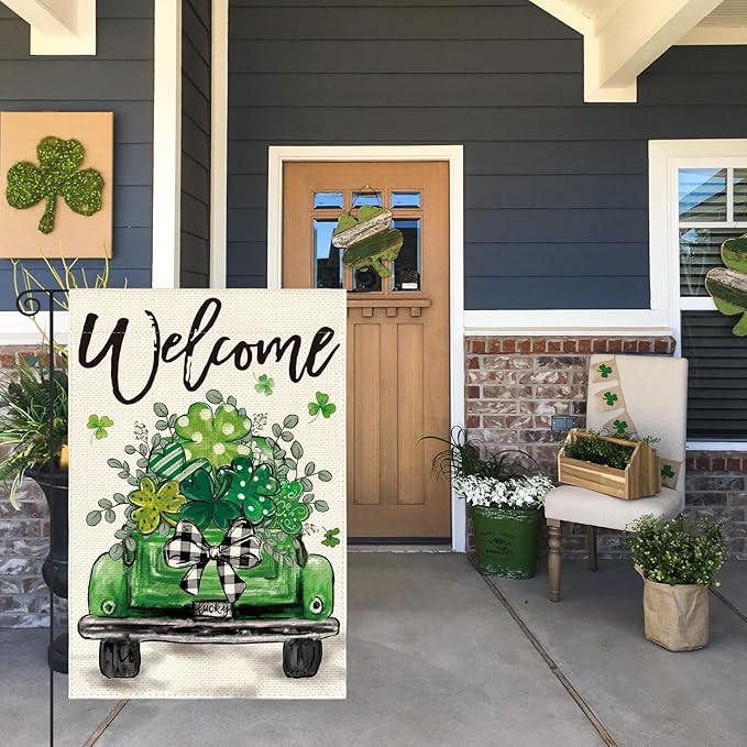AVOIN colorlife St Patricks Day Truck Garden Flag 12x18 Inch Double Sided Outside, Lucky Shamrocks Clovers Welcome Yard Outdoor Decoration