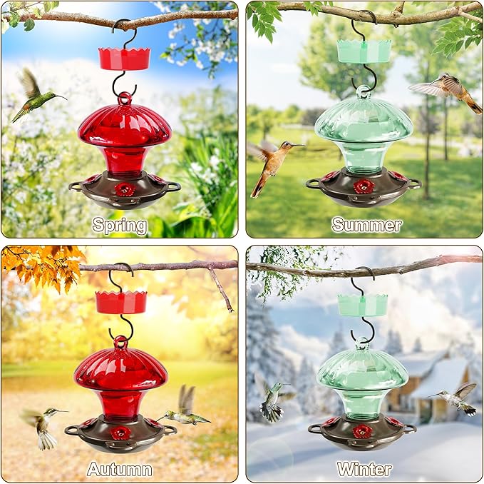 Hummingbird Feeder, Auslar 15 Ounces Glass Hummingbird Feeders for Outdoors Hanging Ant and Bee Proof, Ant Moat & 4 Flower Feeding Ports, Rustproof, Leakproof, Mushroom Shape, Green