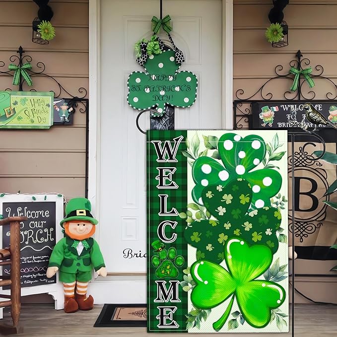 St Patricks Day Garden Flag Shamrock Lucky Irish Blessing Garden Flag Happy St Patrick's Day Yard Decor Garden Flags for Outside 12×18 Inch Double Sided Outdoor House Holiday Decorations