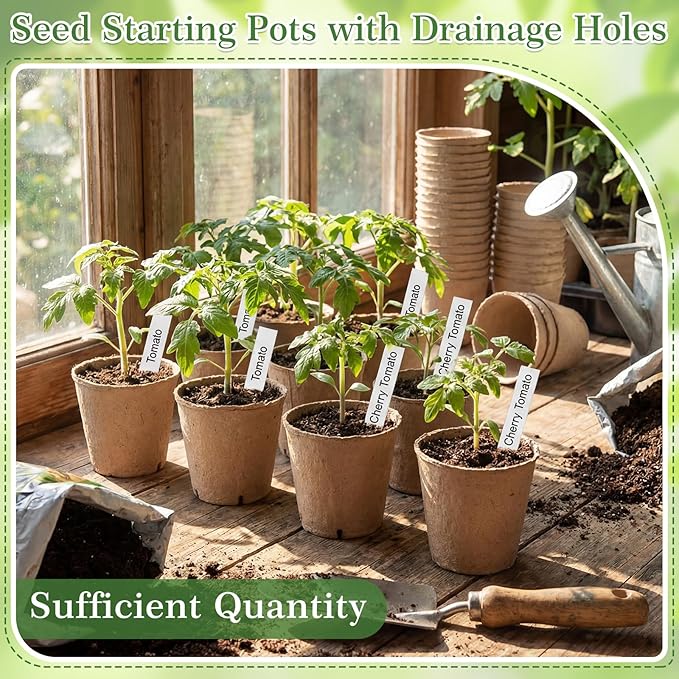 150 Pack Peat Pots for Seedlings 100 4-inch & 50 3.15-inch Round Biodegradable Seed Starter Pots with Drainage Holes for Garden Germination Nursery, Includes 150 Plant Labels & Planting Tools