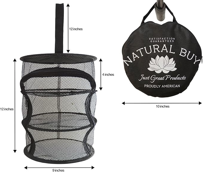 9 Inch 3 Level Micro Hanging Dry Net Indoor/Closet Drying Rack for Herbs, Organizer, Freshner - Black Mash Screen with Top-to-Bottom Zipper - Apartment Size with Zipped Storage Pouch