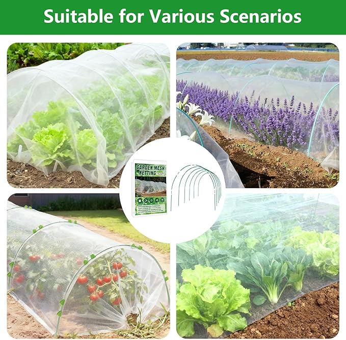Garden Netting Kit for Raised Beds, 10x30FT Ultra Fine Mesh Netting ＆6 Sets Fiberglass Garden Hoops, Insect Netting for Garden Plant Row Cover Vegetable Flowers Protection Barrier