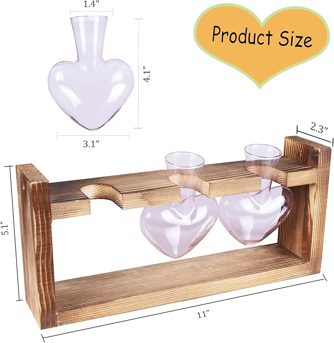 Kingbuy 3-Heart Plant Terrarium Kit - Stained Glass Vase Propagation Station with Vintage Wood Stand - Wall-Mounted & Tabletop Indoor Garden Decor for Home Kitchen Wedding Gift for Plant Lover, Pink