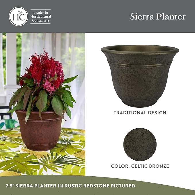 The HC Companies Sierra Round Self-Watering Pot - Lightweight Plastic Planter for Herbs & More - Durable Plant Pots for Indoor Plants & Outdoor Plants (13” Celtic Bronze, Pack of 1)