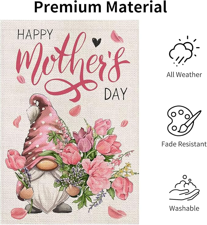 Mother's Day Garden Flag 12x18 Inch - Cute Gnome with Pink Flower Bouquet, Double-Sided "Happy Mother's Day" Outdoor Decor for Patio Yard Mom Gifts