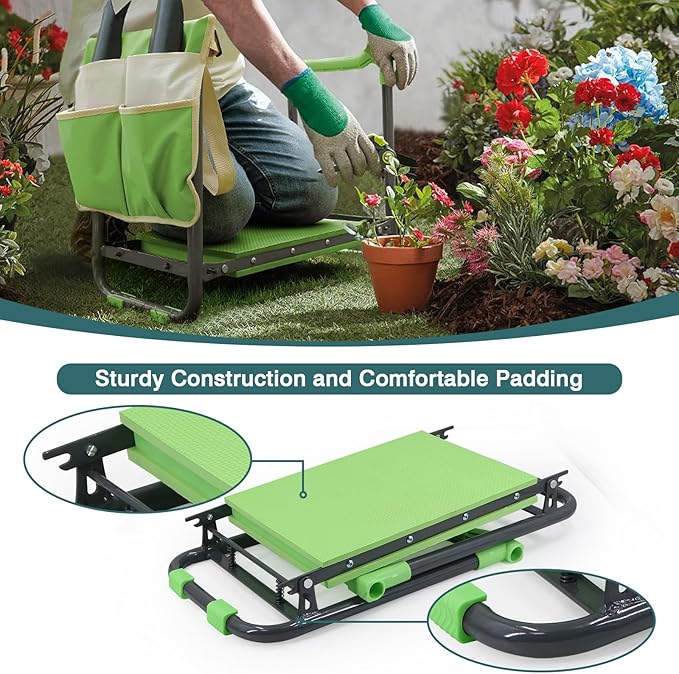 Foldable Garden Kneeler and Seat – 2-in-1 Gardening Stool with a Tool Storage Pouch, Lightweight and Portable for Elderly, Outdoor, Lawn Care (Green)