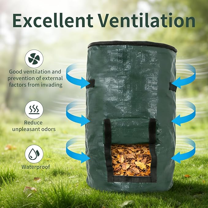 Compost Bin Bags, Outdoor Reusable Yard Waste Lawn Bags, Heavy Duty Garden Composting Garbage, Outdoor Container with Zipper Lid and Handles for Loading Leaf Trash, Green