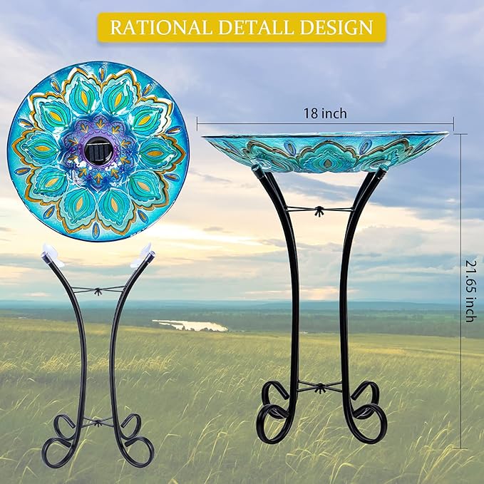 Glass Bird Bath Outdoor with Metal Stand for Lawn Yard Garden Decor Solar Large BirdBath Peacock Bird Feeder