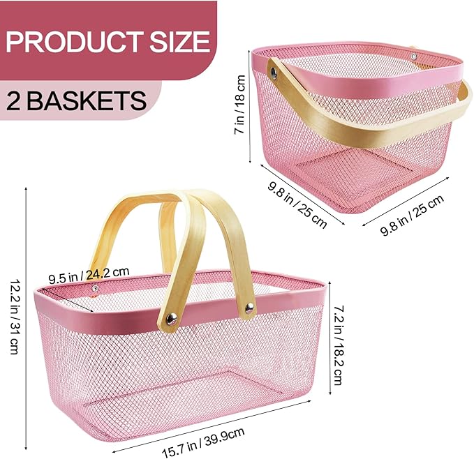 Cheardia 2 Pack Picnic Baskets, Metal Mesh Harvest Basket with Foldable Wooden Handle, Rectangle Garden Storage Basket Bin for Vegetable Fruit Garden Kitchen Cabinet Picking Gathering, Pink