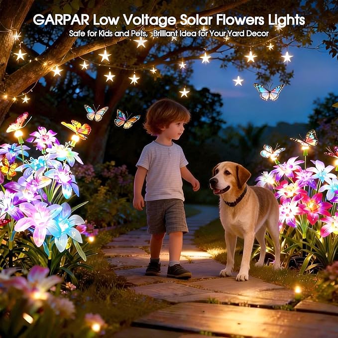 Garpar Solar Lights Outdoor Decorative, Upgraded 4 Pack Flowers with 16 Color Changing Lilies and 12 Butterflies, Brighter Waterproof Garden Decor for Yard Lawn Pathway, Mom Women Grandma Gift