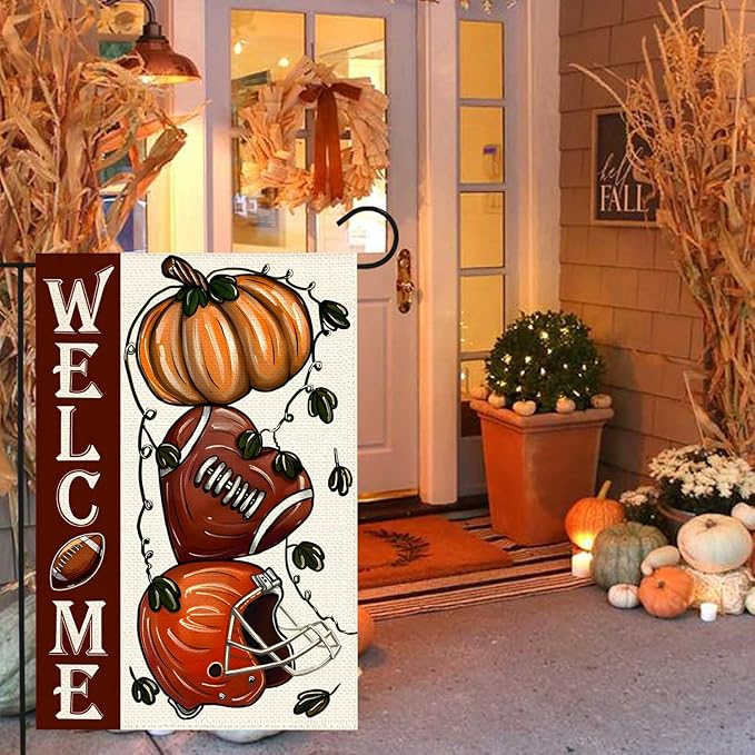 Thanksgiving Garden Flag 12x18 Inch Small Double Sided, Fall Pumpink Football Welcome Yard Outdoor Decorative Autumn Flag
