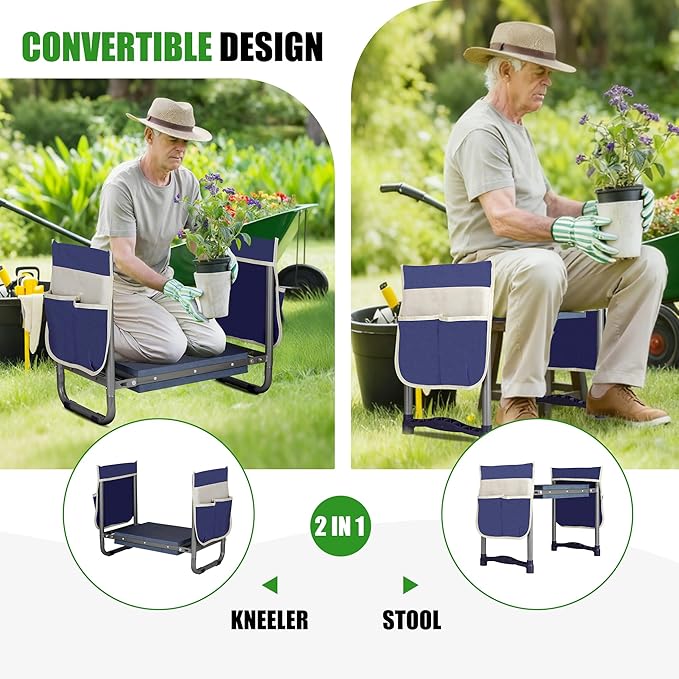 Garden Kneeler and Seat, 10.9" Wide Double-Sided Thick Knee Pad , Heavy-Duty Foldable Gardening Stool, 2 Large Tool Bags, Prevents Knee and Back Pain, Portable Garden Bench, Gifts for Women, Seniors
