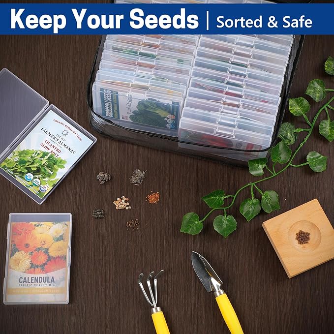 28 Slots Seed Storage Organizer Box with Clear Zipper Bag, Garden Seed Containers for Flower Vegetable Plants, Photo & Card Storage Case