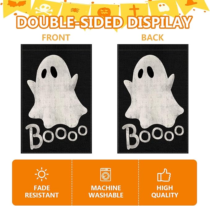 Halloween Ghost Garden Flag 12x18 Inch, Double Sided Holiday Burlap Yard Flag for Outdoor Decoration