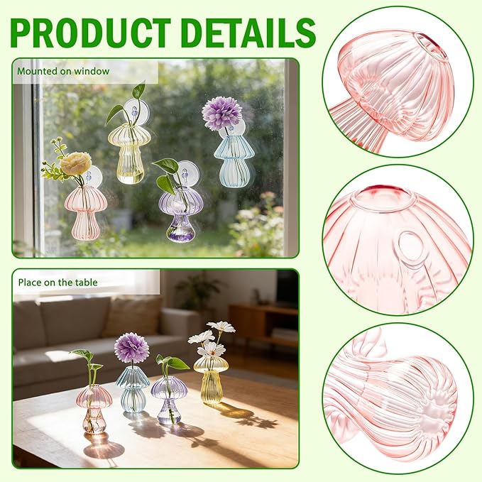 Window Propagation Stations, 4 pcs Colored Mushroom Plant Propagation Station with Suction Cups, Easy to Install Window Hanging Planer, Indoor No Nails Glass Vase Terrarium for Plants&Flowers