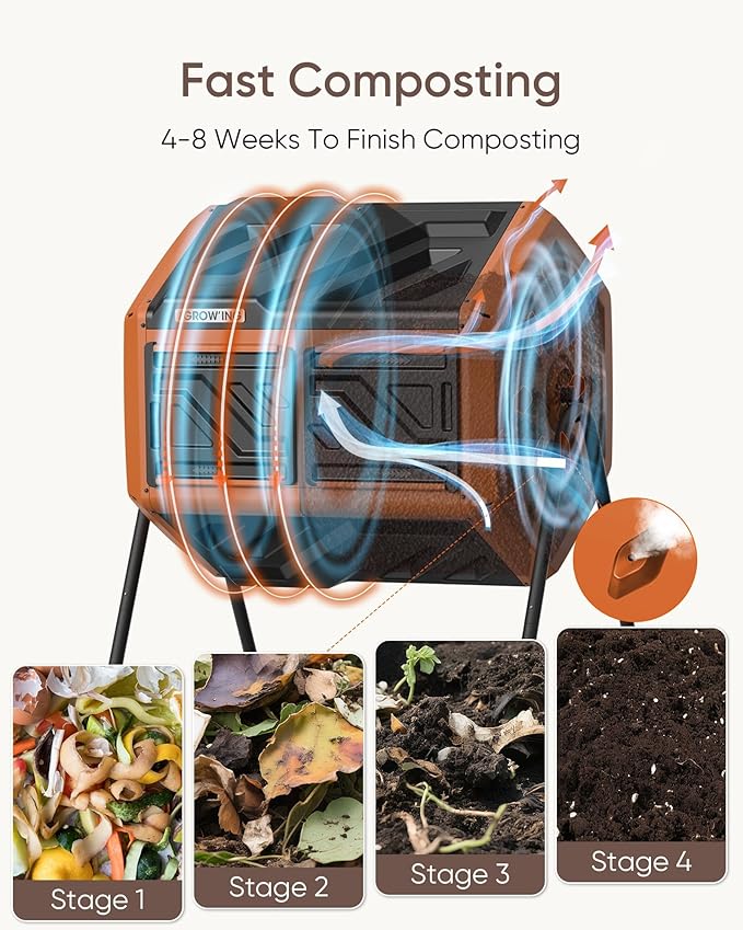 THEGROW'ING Updated 43 Gallon Outdoor Compost Bin. with Thermometer, Fast to Assemble. Tumbling Design, Dual Chambers. Rotating Function, Ideal for Outside, Backyard, Garden, Yard. Orange.