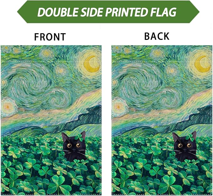 Shamrocks Clovers Cat Oil Painting Starry Night Sky Moon St. Patrick's Day Garden Flag 12x18 Inch Double Sided Small Mini Yard Flag Outdoor Outside Holiday Party Decoration
