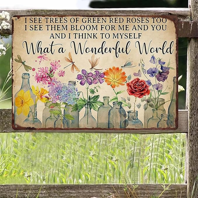 Gardening Sign What A Wonderful World Vintage Flower Tin Plate Sign for Outdoor Garden Greenhouse Yard 8x12 Inch
