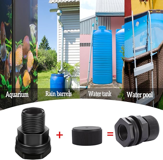 PVC Garden Hose Bulkhead Fitting With Plug, 1/2" Female NPT, 3/4" Male GHT (garden Hose Thread), For Rain Barrels, Aquariums, Sinks，2 Pack
