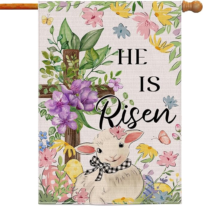 Easter Flag 28x40 Inch Double Sided Outside, He Is Risen Easter Flag Burlap Lamb Flowers Cross Decorations Outdoor Yard