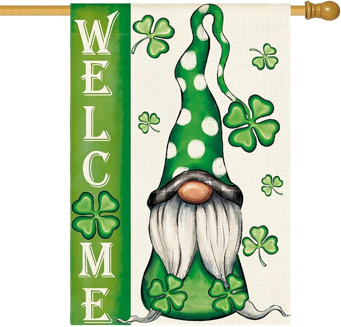 AVOIN colorlife Welcome St Patricks Day House Flag 28 x 40 Inch Double Sided, Leprechaun Gnome Shamrock Lucky Clover Holiday Yard Outdoor Flag