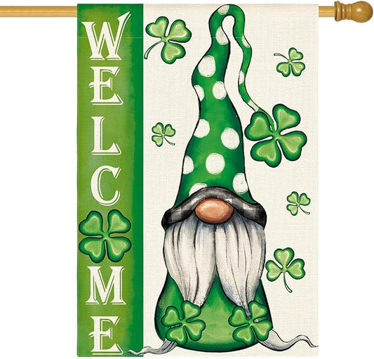 AVOIN colorlife Welcome St Patricks Day House Flag 28 x 40 Inch Double Sided, Leprechaun Gnome Shamrock Lucky Clover Holiday Yard Outdoor Flag