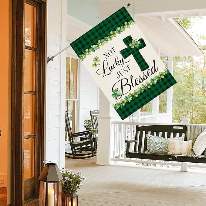 AVOIN colorlife Lucky Clover St Patricks Day House Flag Double Sided, Buffalo Plaid Rustic Farmhouse Shamrock Yard Outdoor Flag 28 x 40 Inch