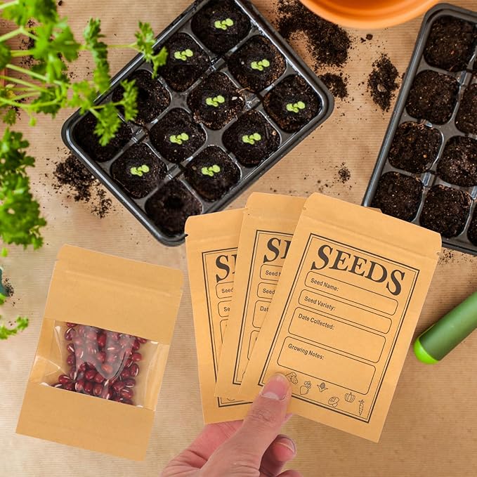 100pcs Seed Saving Envelopes with Clear Window, 4.7x3.1 Inch Reusable Seed Kraft Storage Organizer Packets Envelopes for Flower Vegetable Plants Garden Seeds Saving & Collecting