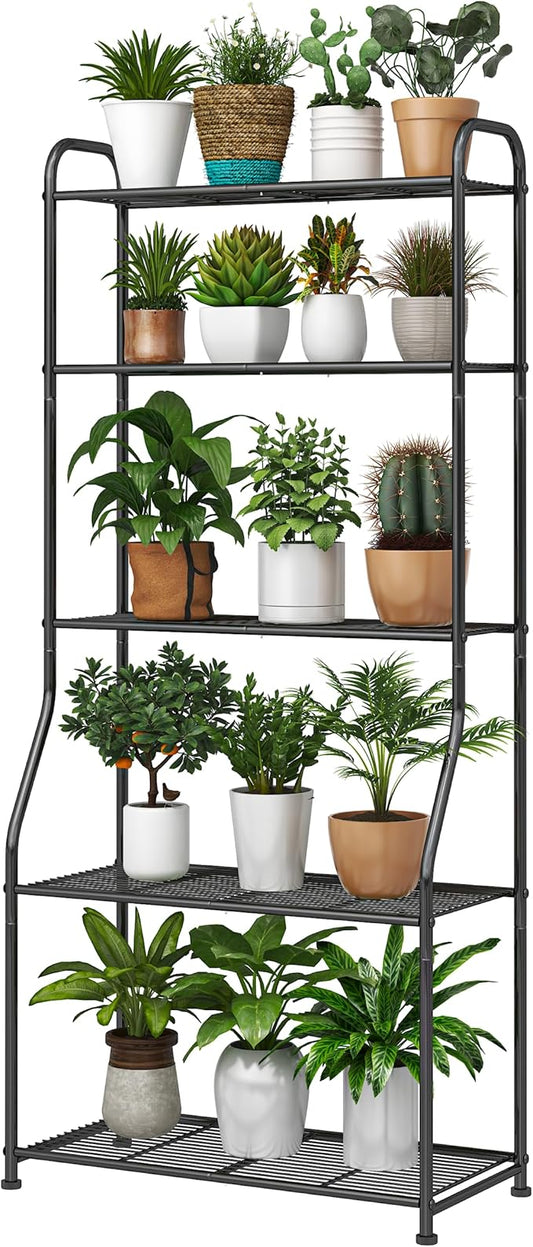 Simple Trending Plant Stand 5-Tier Plant Shelf for Indoor Outdoor, Waterproof Metal Tall Plant Stand for Living Room Bathroom Balcony Garden, Black