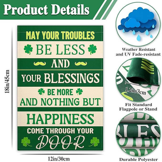 St Patricks Day Garden Flags for Outside 12x18 Inch Double Sided Irish Blessing Garden Flag 3 Ply Green Shamrock Garden Flag for Outdoor Indoor House Party Yard Holiday Signs Decorations