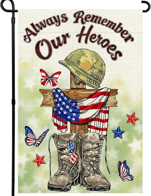 Memorial Day Garden Flag 12x18 Inch, Always Remember Our Heroes Double Sided Patriotic Flag for Yard Outdoor Decoration