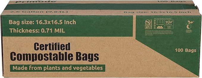Primode Compostable Bags, 2.6 Gallon Food Scraps Yard Waste Bags, 100 Count, Extra Thick 0.71 Mil. ASTMD6400 Compost Bags Small Kitchen Trash Bags, Certified By BPI And TÜV AUSTRIA