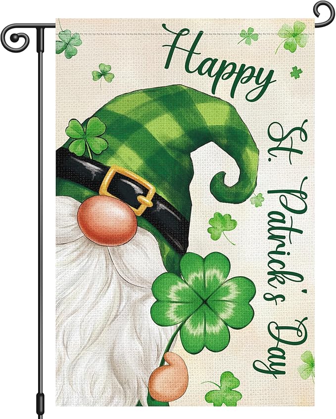 Louise Maelys St Patrick's Day Garden Flag Gnome Shamrock Clover Plaid 12x18 Inch Double Sided Small Burlap Welcome Saint Patricks Spring Holiday Yard Outdoor Sign Outside House Decor