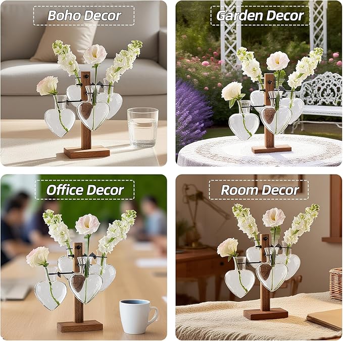 Plant Propagation Station with Acacia Wood Stand, 4 Heart-Shaped Propagation Vases for Plants, Unique Terrarium Kit for Office and Home Decor, Gifts for Plant Lovers