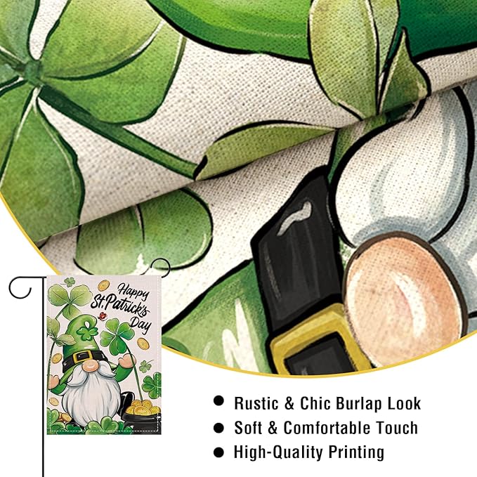 Artofy Happy St Patricks Day Gnome Small Decorative Garden Flag, Pot of Gold Lucky Shamrock Clover Yard Lawn Outside Decor, Irish Spring Burlap Outdoor Home Decoration Double Sided 12 x 18