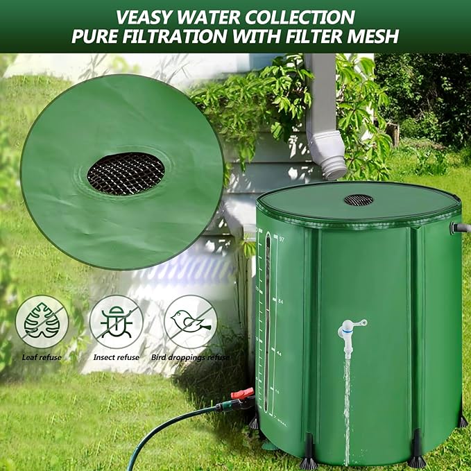 53Gallon/200L Rain Water Collection Barrel, Portable PVC Rain Barrels to Collect Rainwater from Gutter, Large Capacity Rainwater Collection System with Water Level for Garden Water Catcher, Green