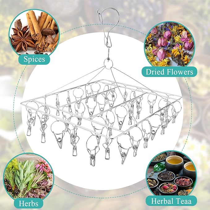 4-Pack Stainless Steel Hanging Herb Drying Rack - Space Saving Herb Dryer for Fresh Herbs, Flowers, Tea & Aromatic Herbs - Rustproof Kitchen & Garden Drying Rack with 40 Hooks