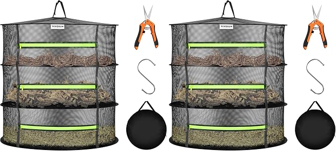 VIVOSUN 3-Layer Mesh Drying Rack Hanging Design with Green Zippers for Dehydrating, Indoor and Outdoor Pruning Shears Included (Pack of 2)