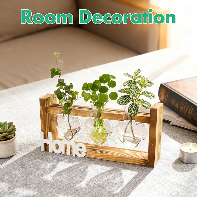 IBEUQEM Heart-Shaped Plant Propagation Station, 3 Glass Plant Terrarium with Wooden Stand, Starter, Propagation Station for Hydroponics Office Garden Home Decor, for Women Lovers