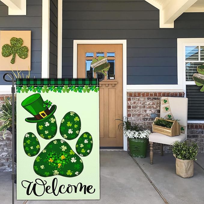 St Patricks Day Garden Flag Shamrock Lucky Irish Blessing Garden Flag Happy St Patrick's Day Yard Decor Garden Flags for Outside 12×18 Inch Double Sided Outdoor House Holiday Decorations