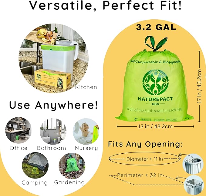 Extra Thick 1 MIL Compostable Trash Bags, Drawstring, 3.2 Gallon - Heavy Duty, Ultra Durable,Leak Proof, Kitchen Compost Bin Compatible, 50 Count