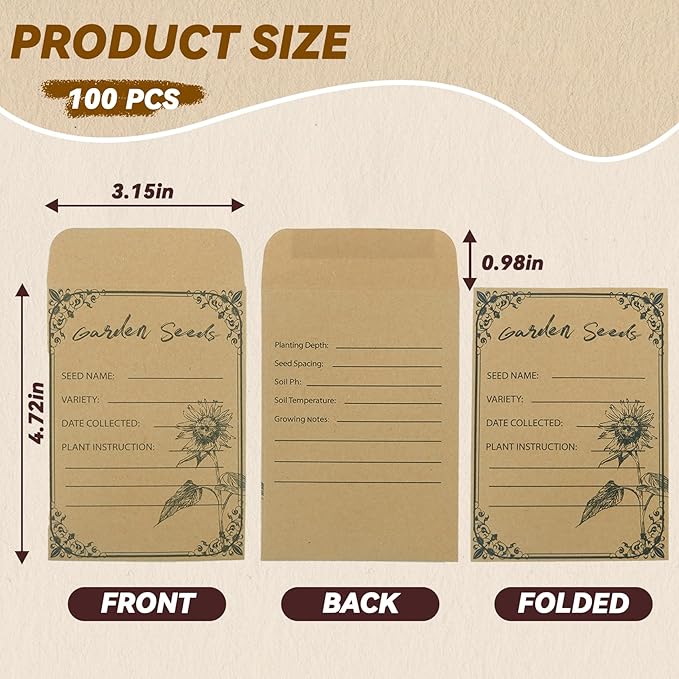 100 Pieces Seed Envelopes - Seed Packets Self Adhesive Sealing Small Seed Saving Envelopes for Storage 4.72 * 3.15 Inch for Collection Vegetable Plants Garden Seeds