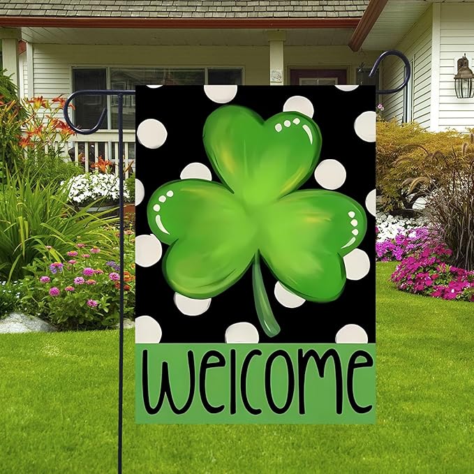 Welcome St Patricks Day Shamrock Garden Flags 12x18 - Polka Dot Yard Flags Double Sided- Small Flag Banner for Holiday Yard Outside