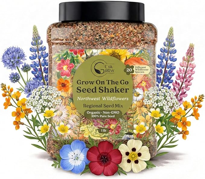 Geva Grow Northwest Wildflower Seeds Regional Mix - Organic, Non-GMO - 100% Pure Seed - 20 Different Wildflowers Seeds of Annual and Perennial, 1 LB Tub