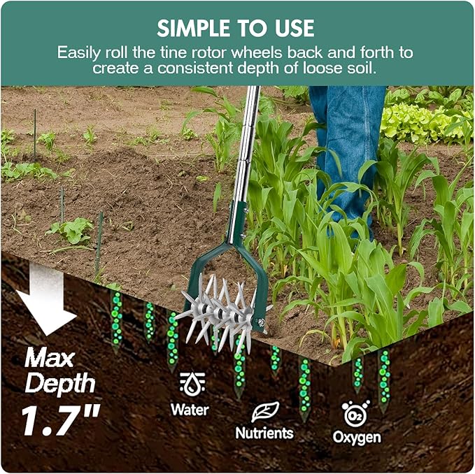 Garden Cultivator Adjustable Stainless Steel Handle, fine Rotary Cultivator Tiller for Small Scale Gardens Soil Loosening, Lawn Aeration, Fertilizer Mixing & Planting Preparation