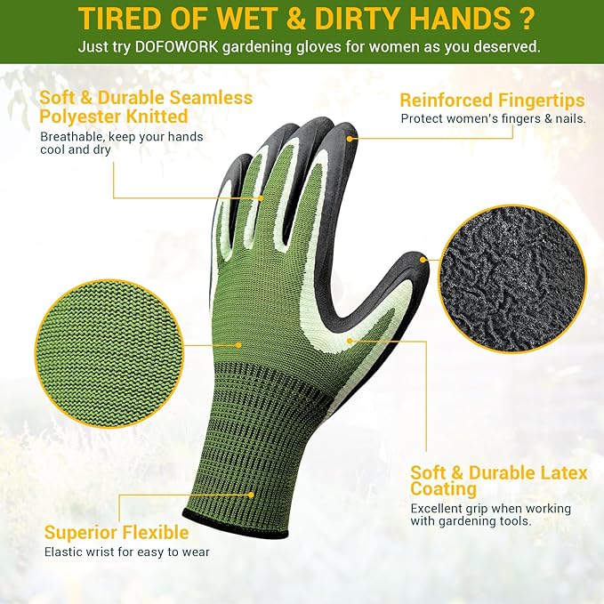 DOFOWORK Gardening Gloves - 6 Pair Gardening Gloves for Women/Men, Breathable Natural Latex Garden Gloves with Grip